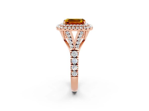 Rose gold Emerald Cut Citrine Double Halo Ring with Split Shank and Prong Setting