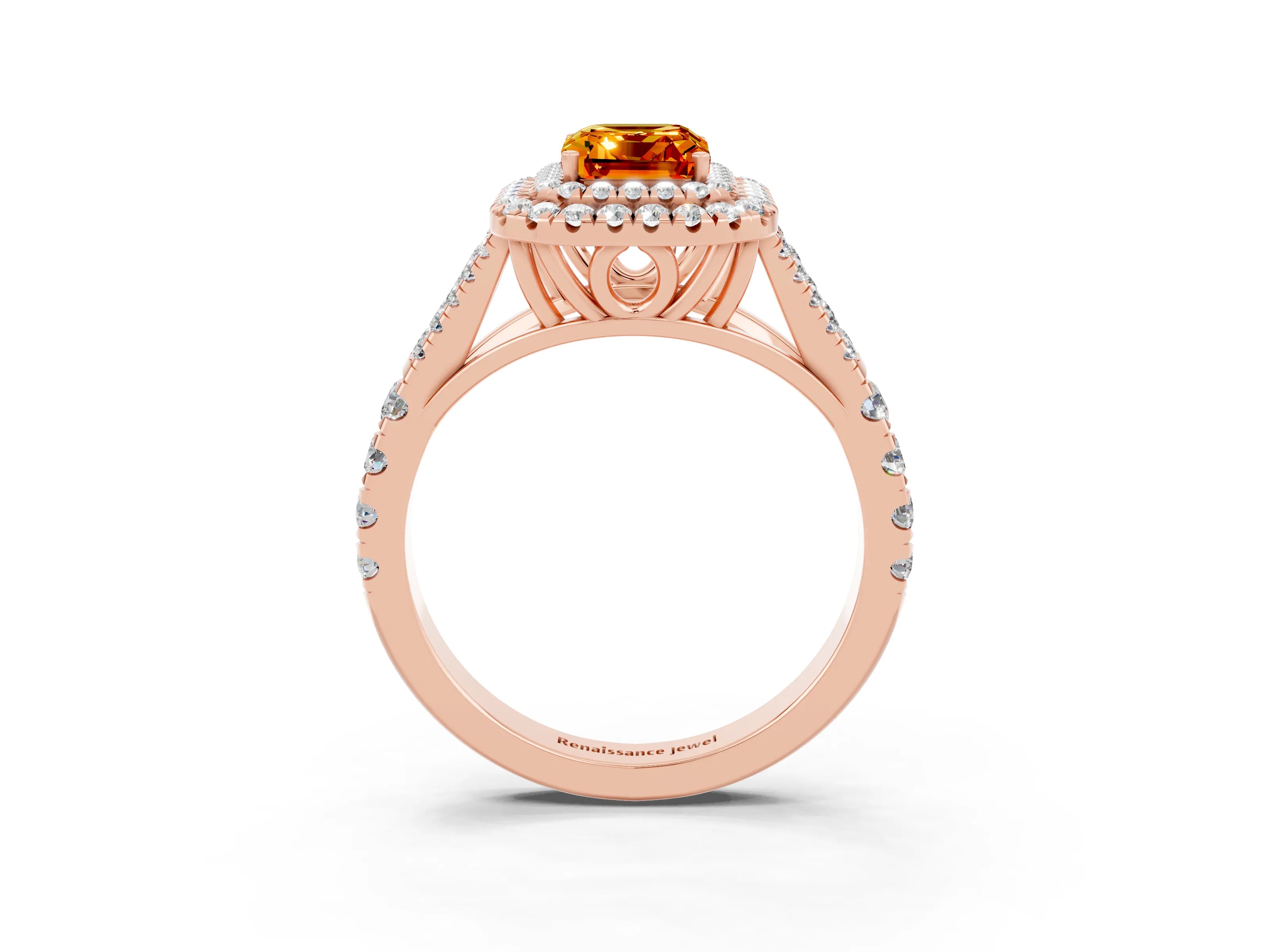 Rose gold Emerald Cut Citrine Double Halo Ring with Split Shank and Prong Setting_15