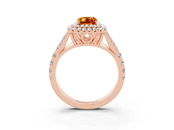 Rose gold Emerald Cut Citrine Double Halo Ring with Split Shank and Prong Setting