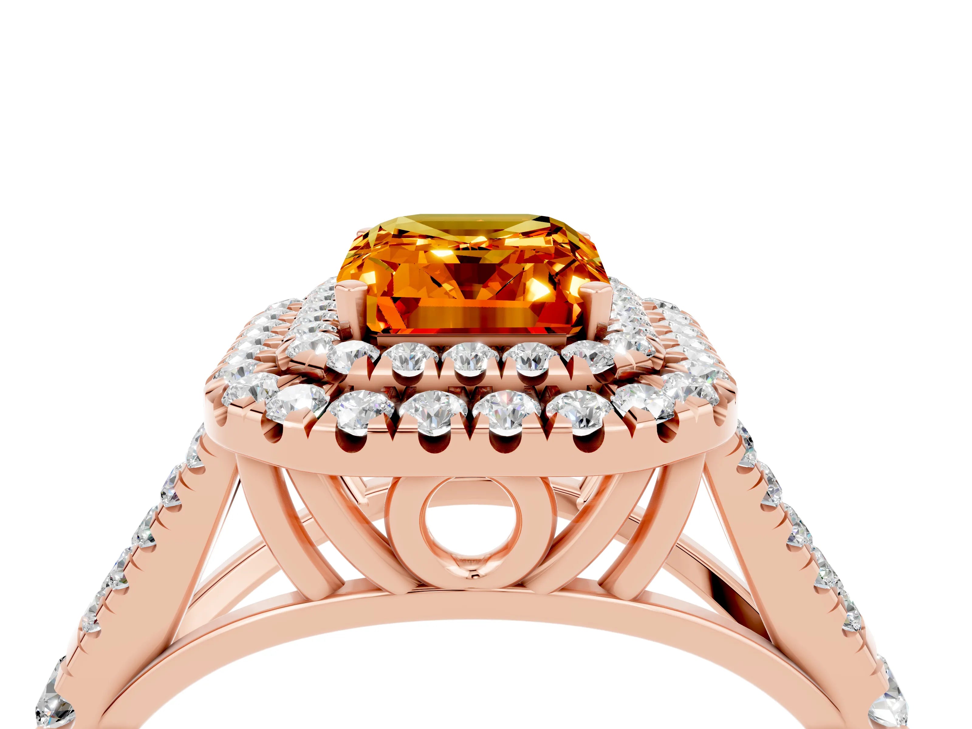 Rose gold Emerald Cut Citrine Double Halo Ring with Split Shank and Prong Setting_16