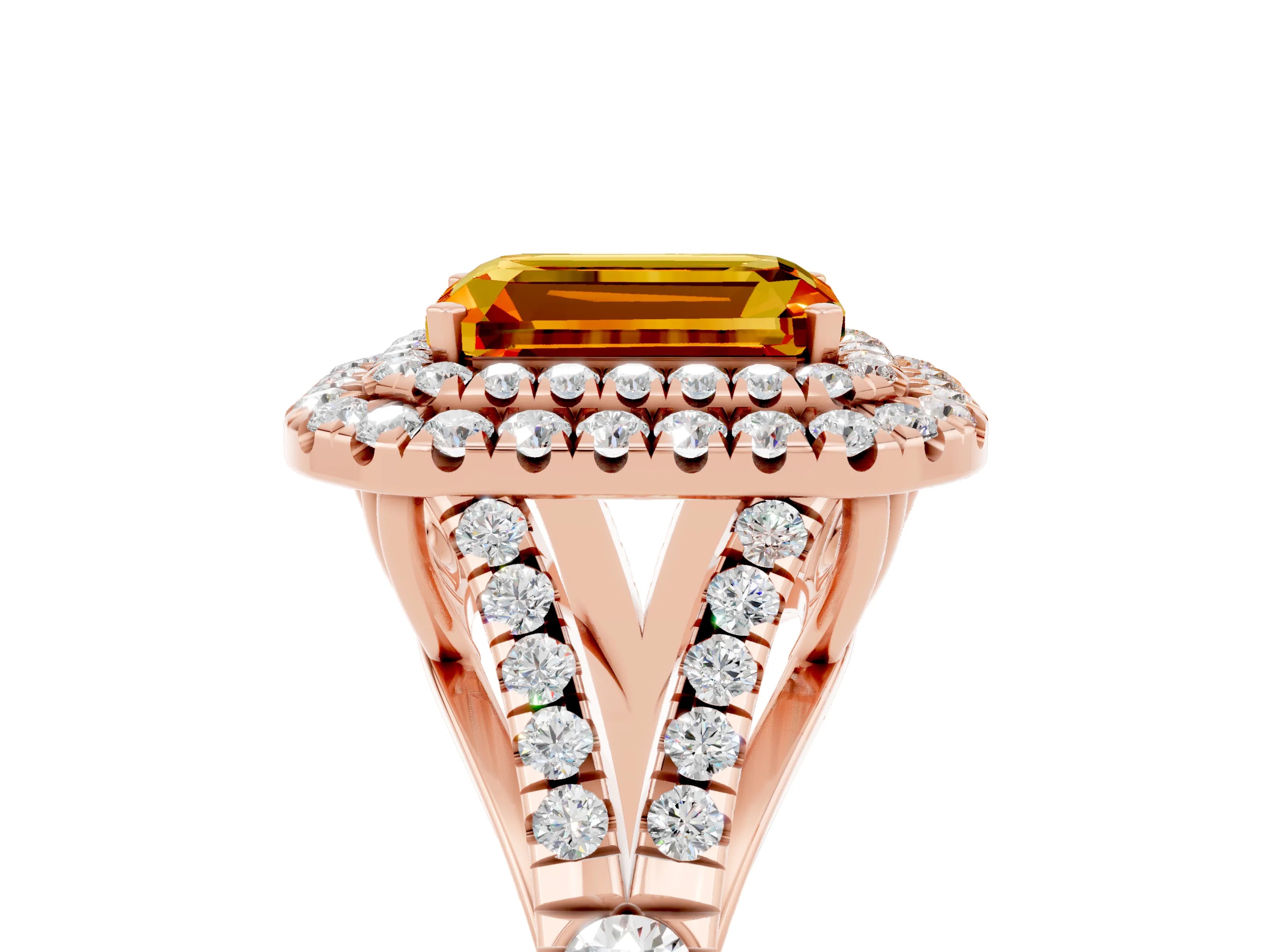 Rose gold Emerald Cut Citrine Double Halo Ring with Split Shank and Prong Setting_17
