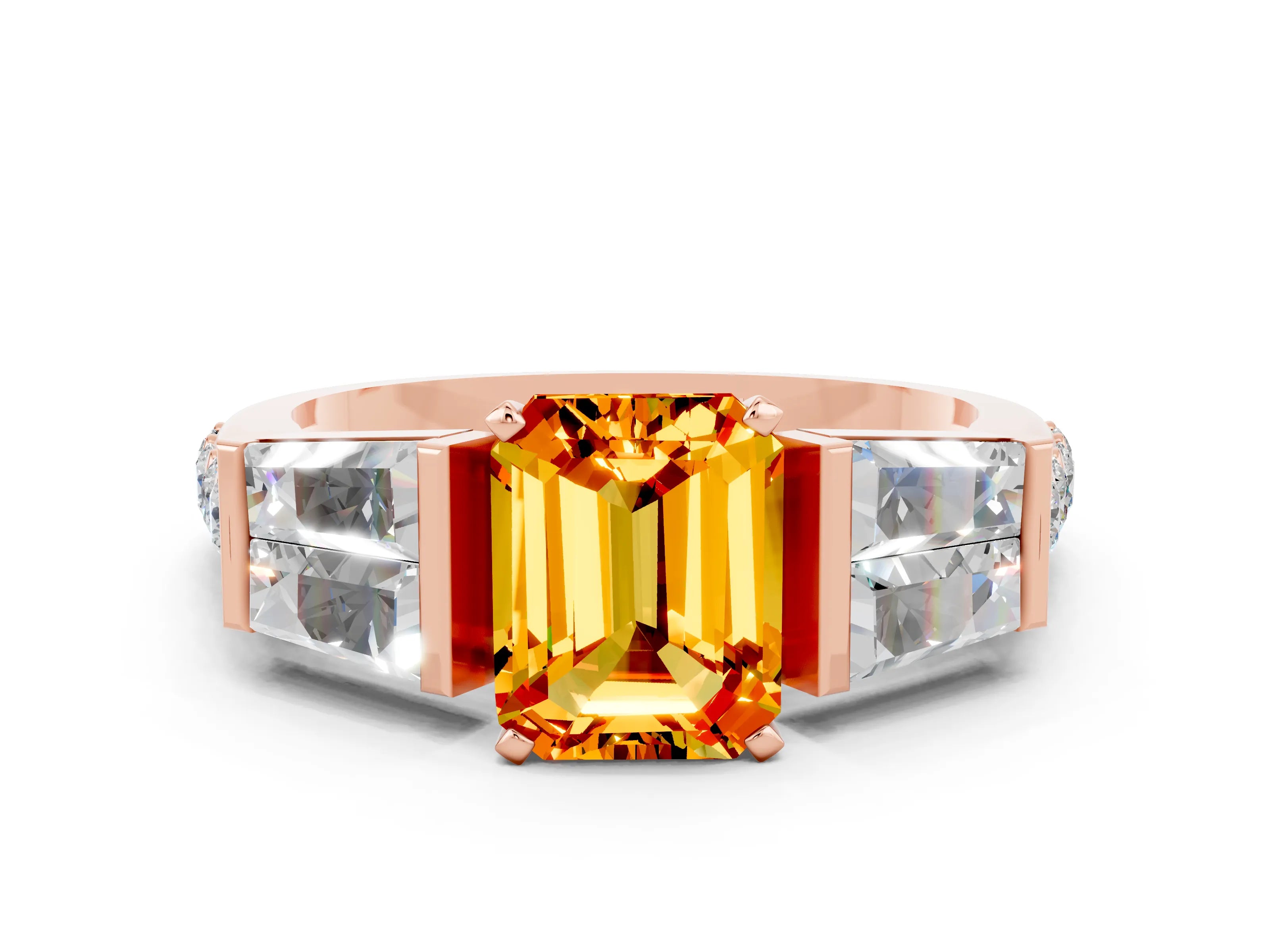 Rose gold Emerald Cut Citrine Engagement Ring with Baguette Side Stones and Channel Set Band