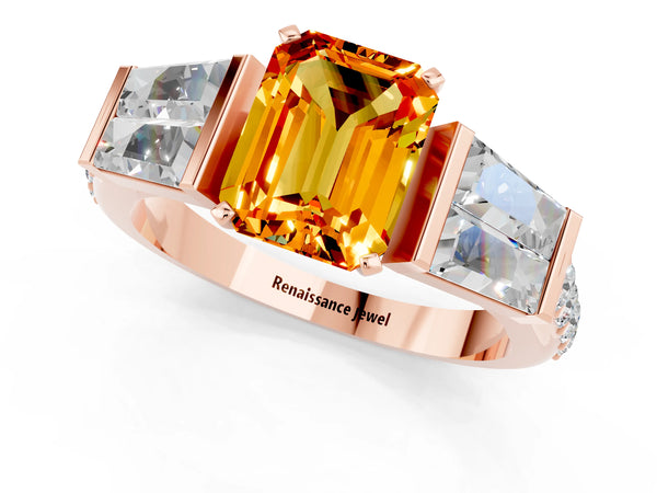 Rose gold Emerald Cut Citrine Engagement Ring with Baguette Side Stones and Channel Set Band