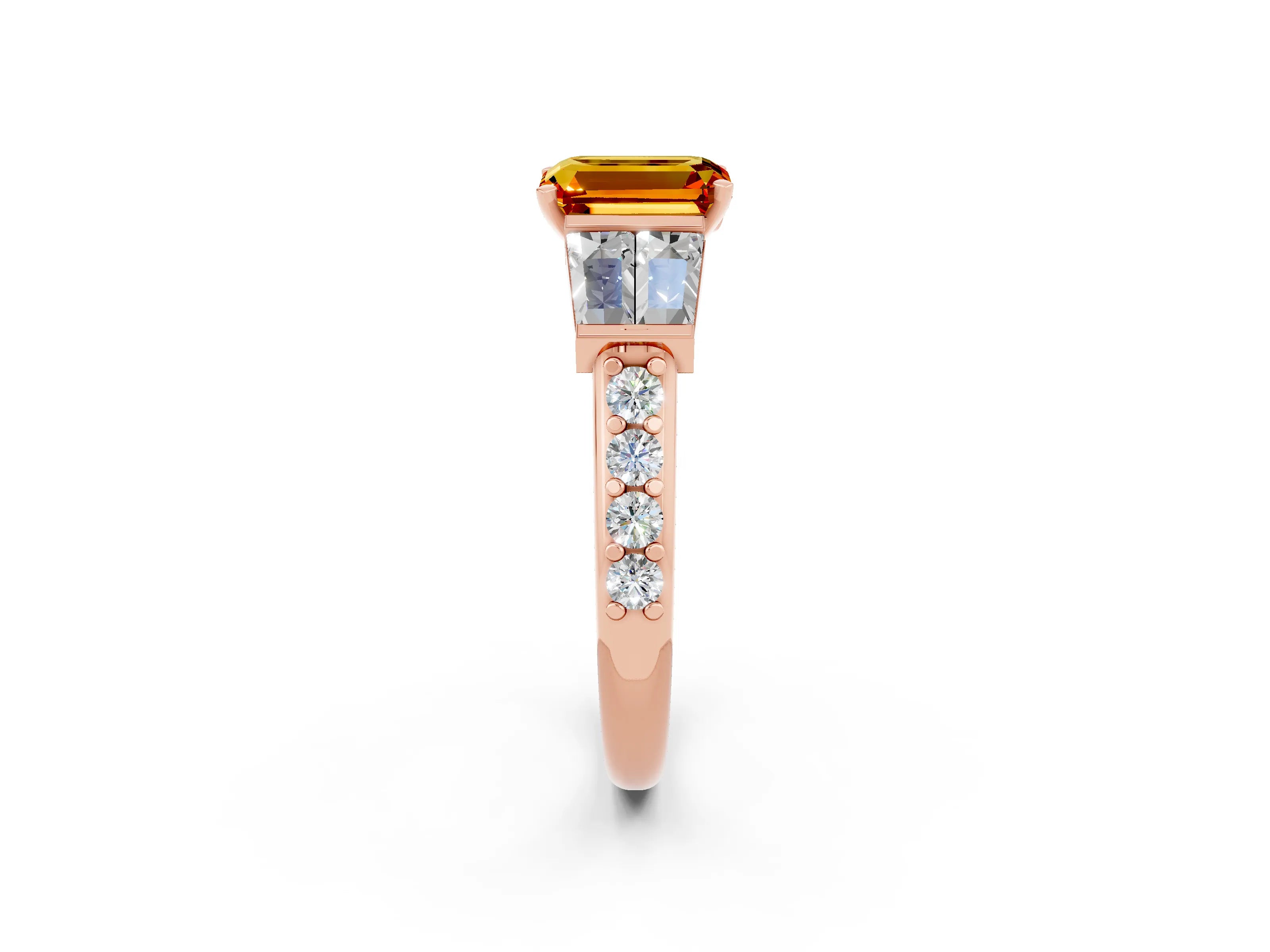 Rose gold Emerald Cut Citrine Engagement Ring with Baguette Side Stones and Channel Set Band_2