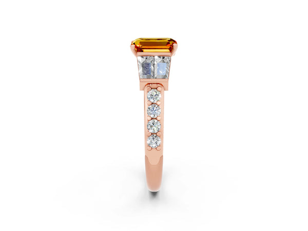 Rose gold Emerald Cut Citrine Engagement Ring with Baguette Side Stones and Channel Set Band