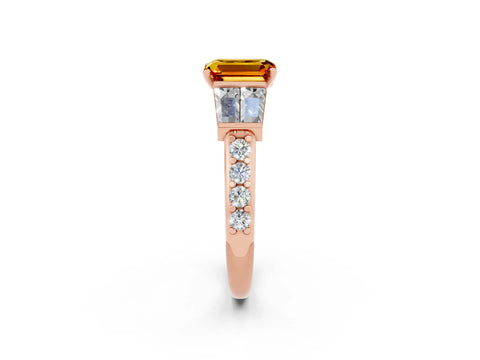 Rose gold Emerald Cut Citrine Engagement Ring with Baguette Side Stones and Channel Set Band_2