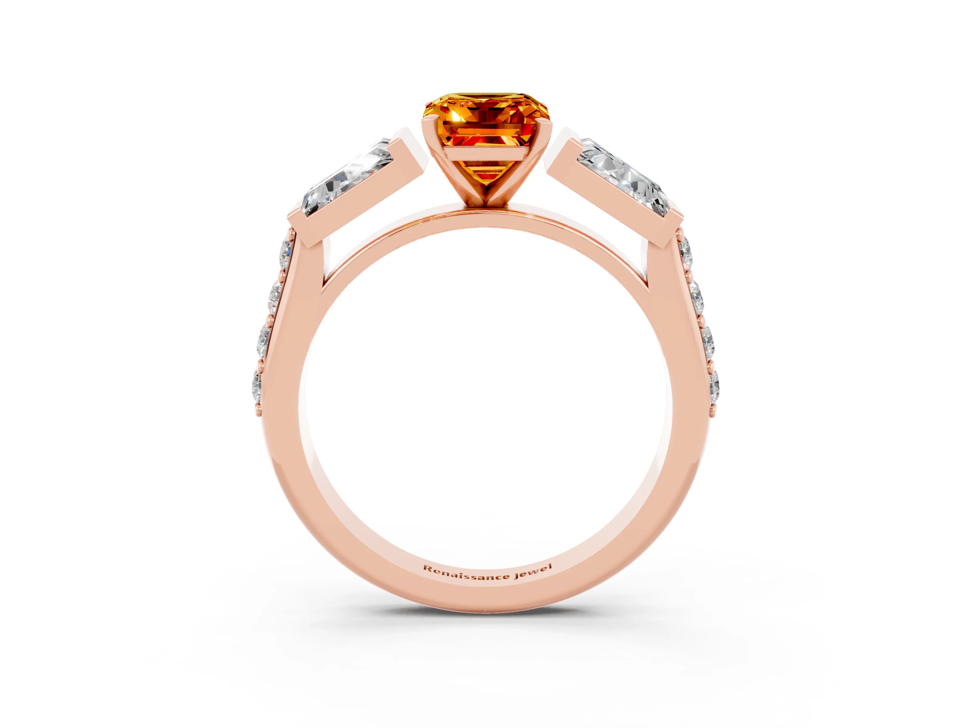 Rose gold Emerald Cut Citrine Engagement Ring with Baguette Side Stones and Channel Set Band_3