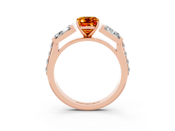 Rose gold Emerald Cut Citrine Engagement Ring with Baguette Side Stones and Channel Set Band