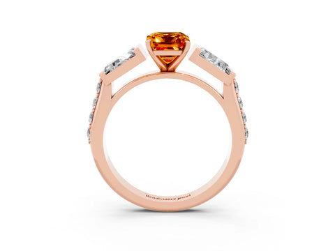 Rose gold Emerald Cut Citrine Engagement Ring with Baguette Side Stones and Channel Set Band_3