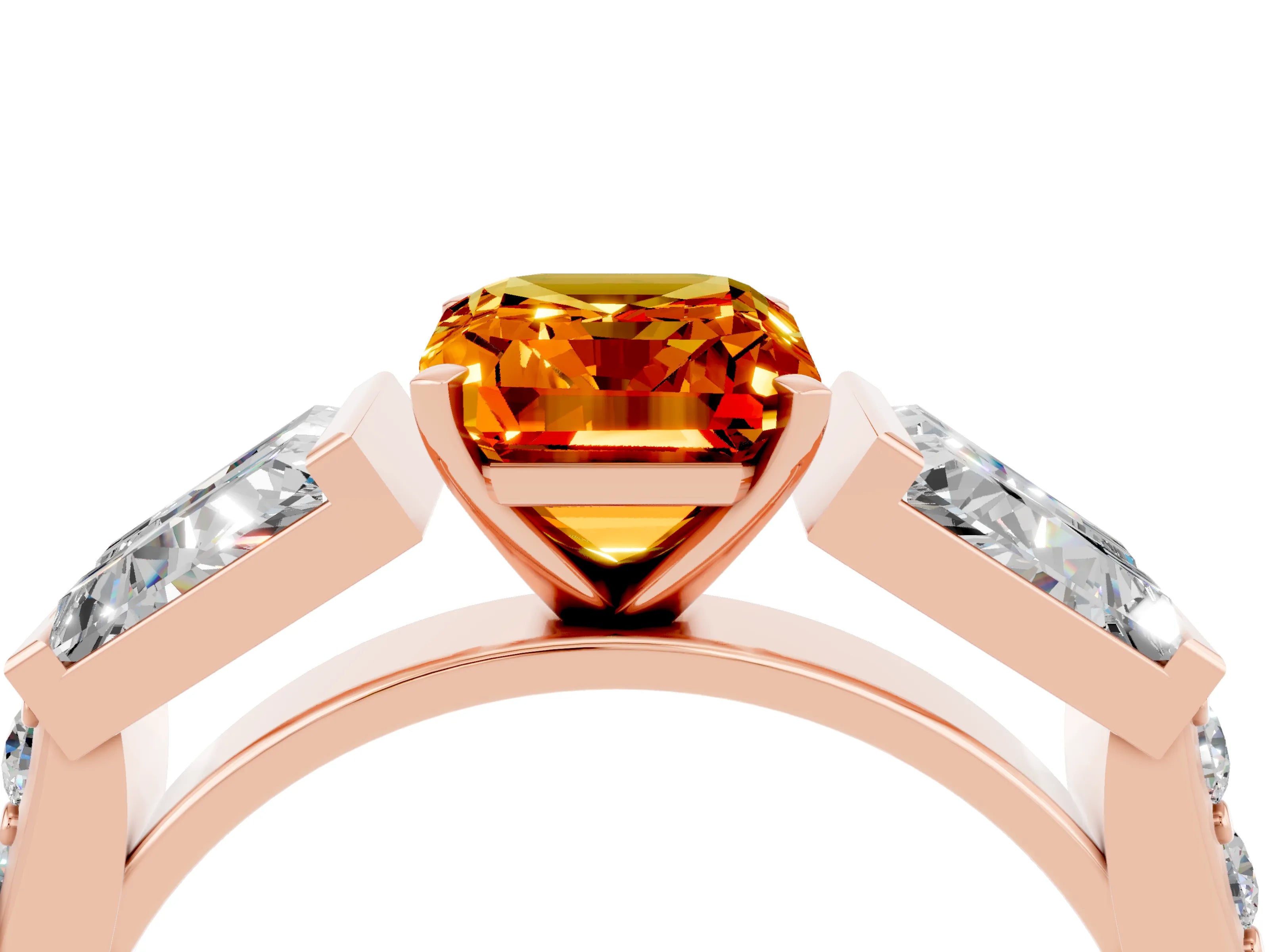 Rose gold Emerald Cut Citrine Engagement Ring with Baguette Side Stones and Channel Set Band_4