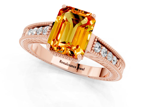Rose gold Emerald Cut Citrine Engagement Ring with Milgrain Channel Set Band and Prong Setting_1