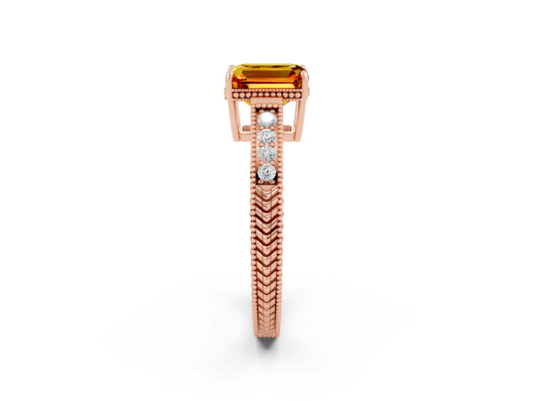 Rose gold Emerald Cut Citrine Engagement Ring with Milgrain Channel Set Band and Prong Setting