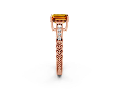 Rose gold Emerald Cut Citrine Engagement Ring with Milgrain Channel Set Band and Prong Setting_2