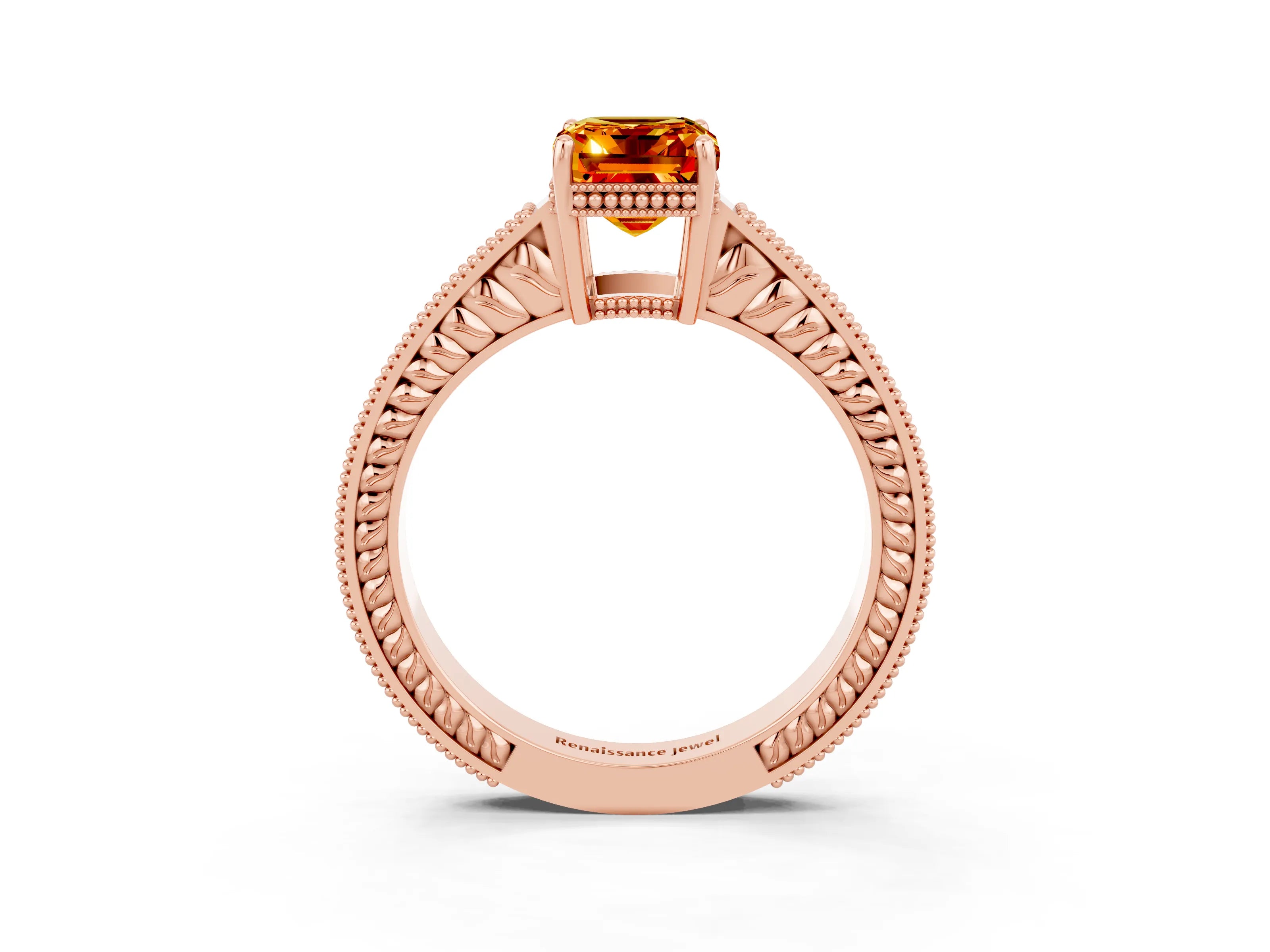 Rose gold Emerald Cut Citrine Engagement Ring with Milgrain Channel Set Band and Prong Setting_3