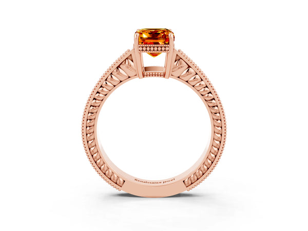 Rose gold Emerald Cut Citrine Engagement Ring with Milgrain Channel Set Band and Prong Setting