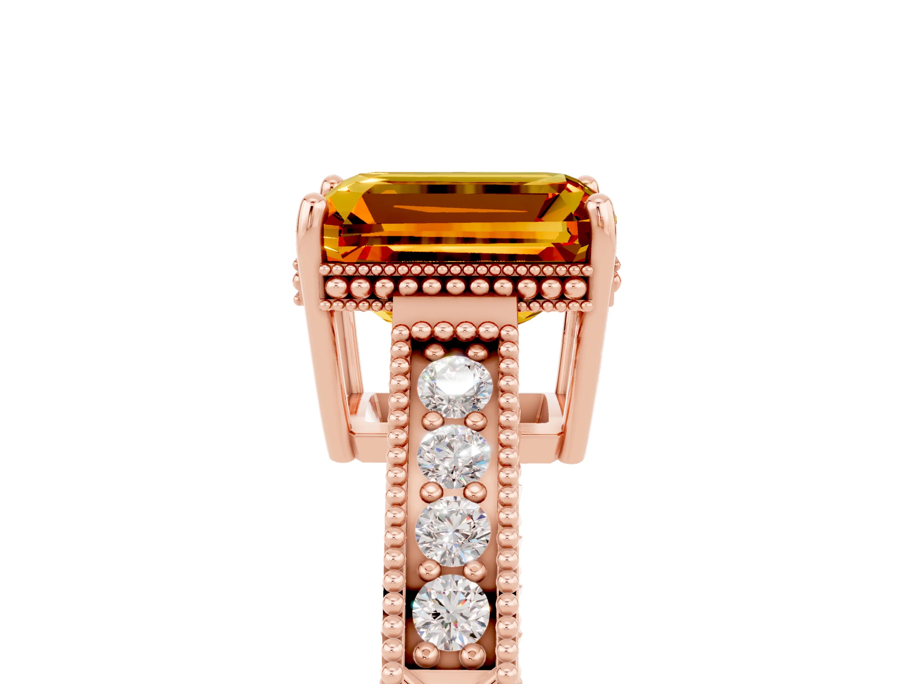 Rose gold Emerald Cut Citrine Engagement Ring with Milgrain Channel Set Band and Prong Setting_5