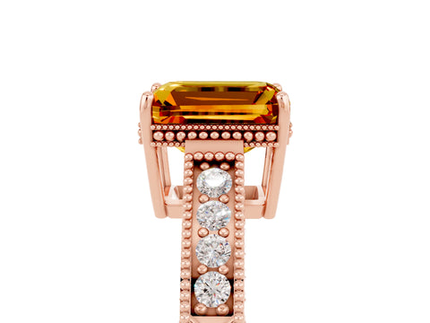 Rose gold Emerald Cut Citrine Engagement Ring with Milgrain Channel Set Band and Prong Setting_5