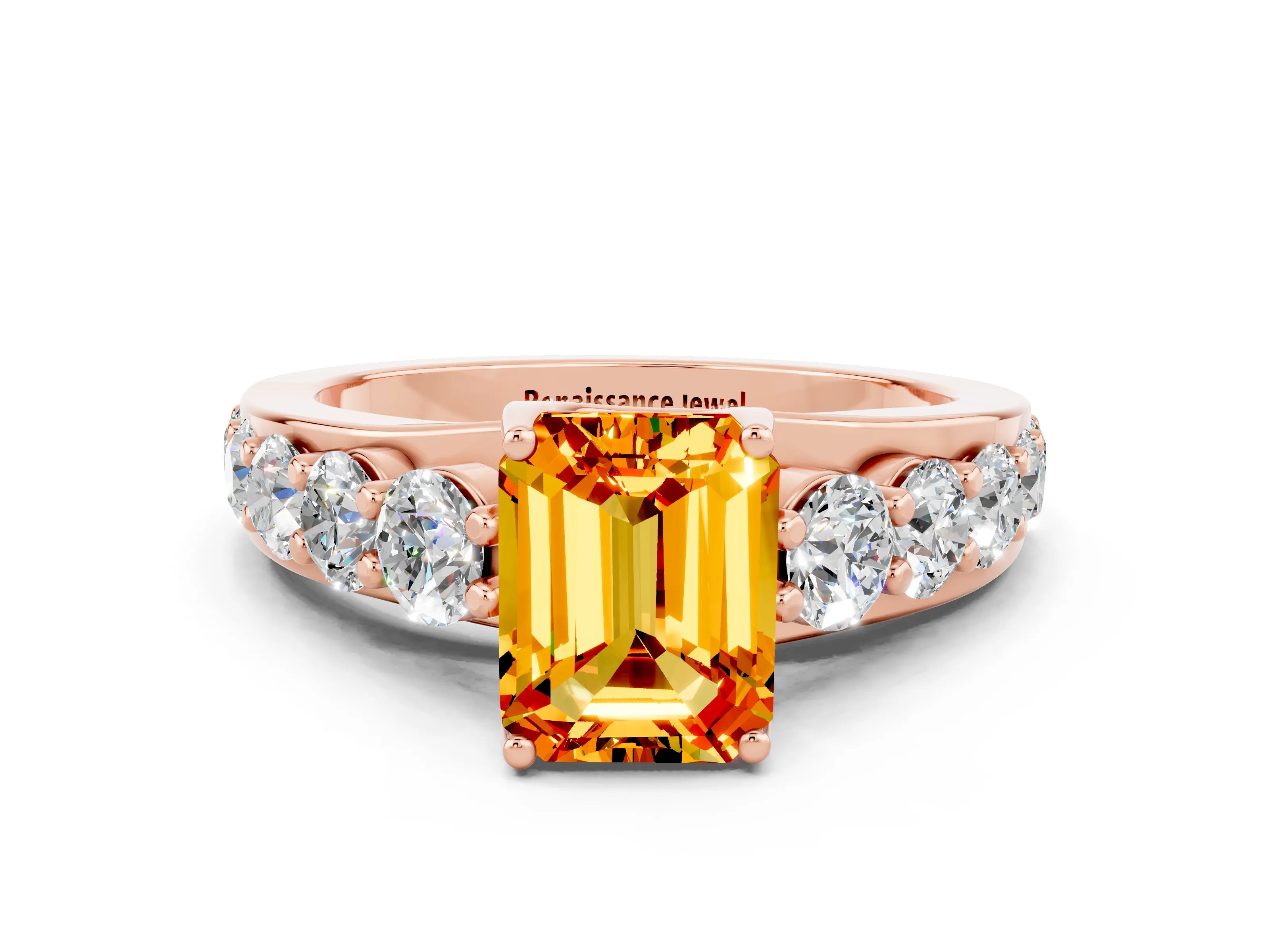 Rose gold Emerald Cut Citrine Engagement Ring with Pavé Band and Four-Prong Setting