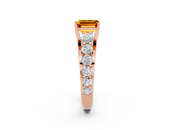 Rose gold Emerald Cut Citrine Engagement Ring with Pavé Band and Four-Prong Setting