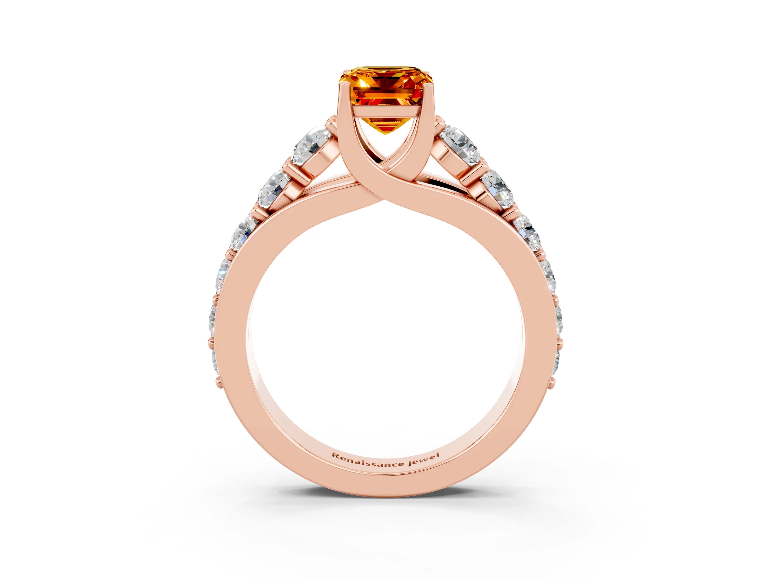 Rose gold Emerald Cut Citrine Engagement Ring with Pavé Band and Four-Prong Setting_3