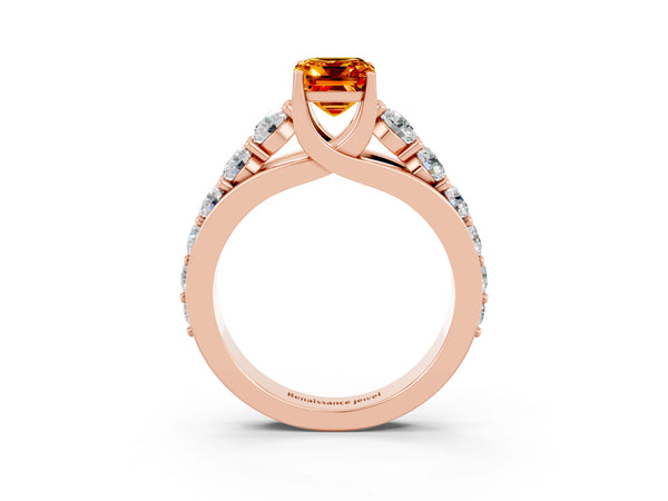Rose gold Emerald Cut Citrine Engagement Ring with Pavé Band and Four-Prong Setting