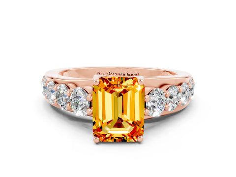 Rose gold Emerald Cut Citrine Engagement Ring with Pavé Band and Four-Prong Setting