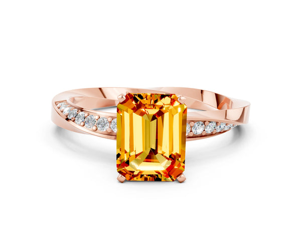 Rose gold Emerald Cut Citrine Engagement Ring with Side Stone Accents and Four-Prong Setting