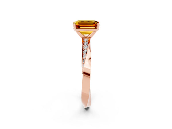 Rose gold Emerald Cut Citrine Engagement Ring with Side Stone Accents and Four-Prong Setting