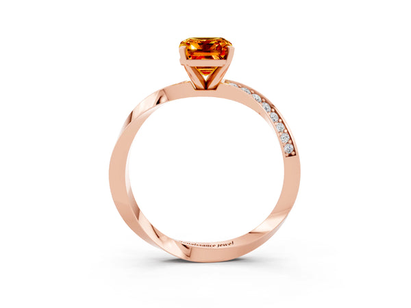 Rose gold Emerald Cut Citrine Engagement Ring with Side Stone Accents and Four-Prong Setting