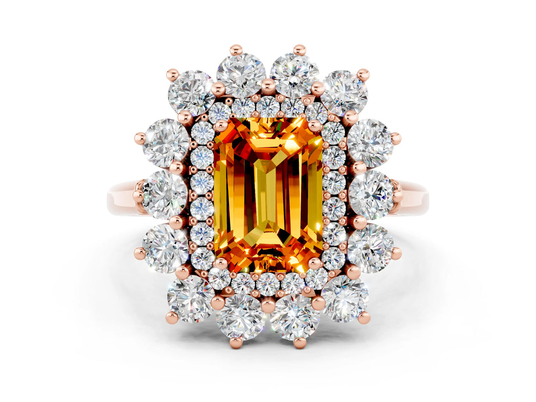 Rose gold Emerald Cut Citrine Floral Double Halo Engagement Ring with Prong Setting_84