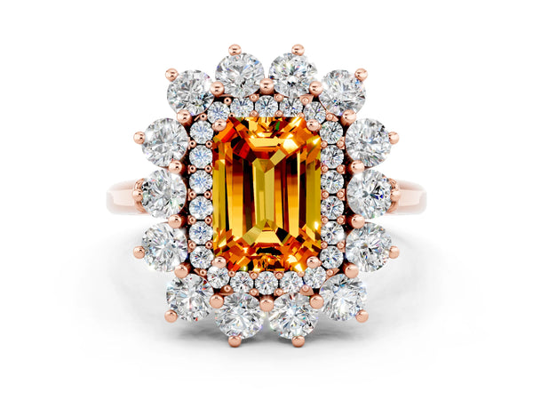 Rose gold Emerald Cut Citrine Floral Double Halo Engagement Ring with Prong Setting