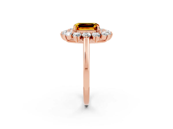 Rose gold Emerald Cut Citrine Floral Double Halo Engagement Ring with Prong Setting