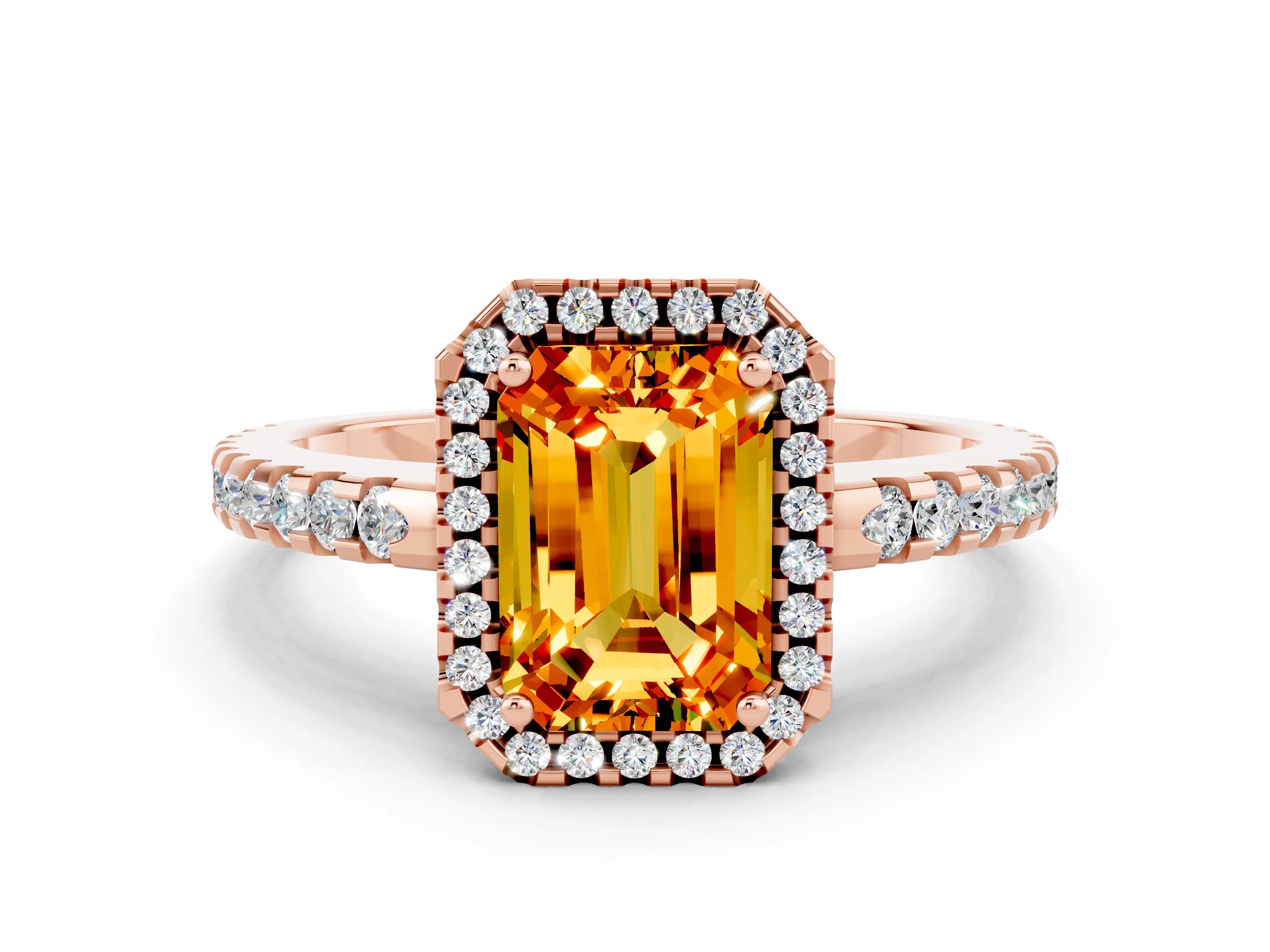 Rose gold Emerald Cut Citrine Halo Engagement Ring with Pavé Band and Prong Setting_12