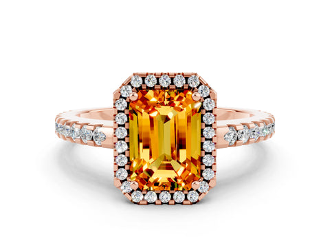 Rose gold Emerald Cut Citrine Halo Engagement Ring with Pavé Band and Prong Setting_12