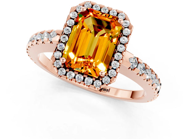 Rose gold Emerald Cut Citrine Halo Engagement Ring with Pavé Band and Prong Setting