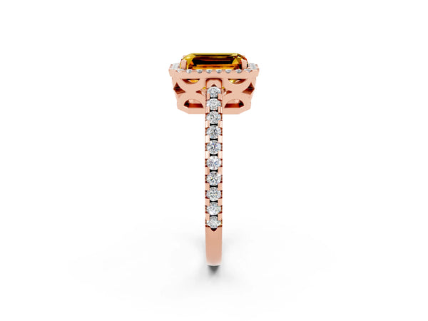 Rose gold Emerald Cut Citrine Halo Engagement Ring with Pavé Band and Prong Setting