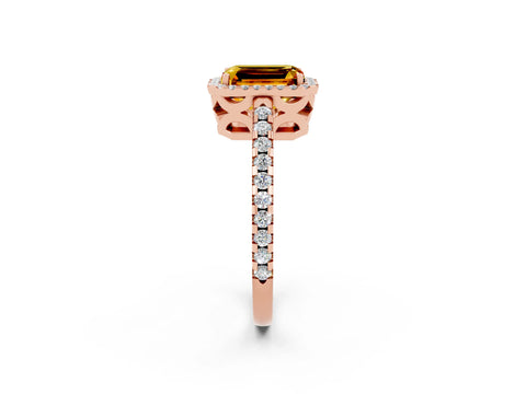 Rose gold Emerald Cut Citrine Halo Engagement Ring with Pavé Band and Prong Setting_14