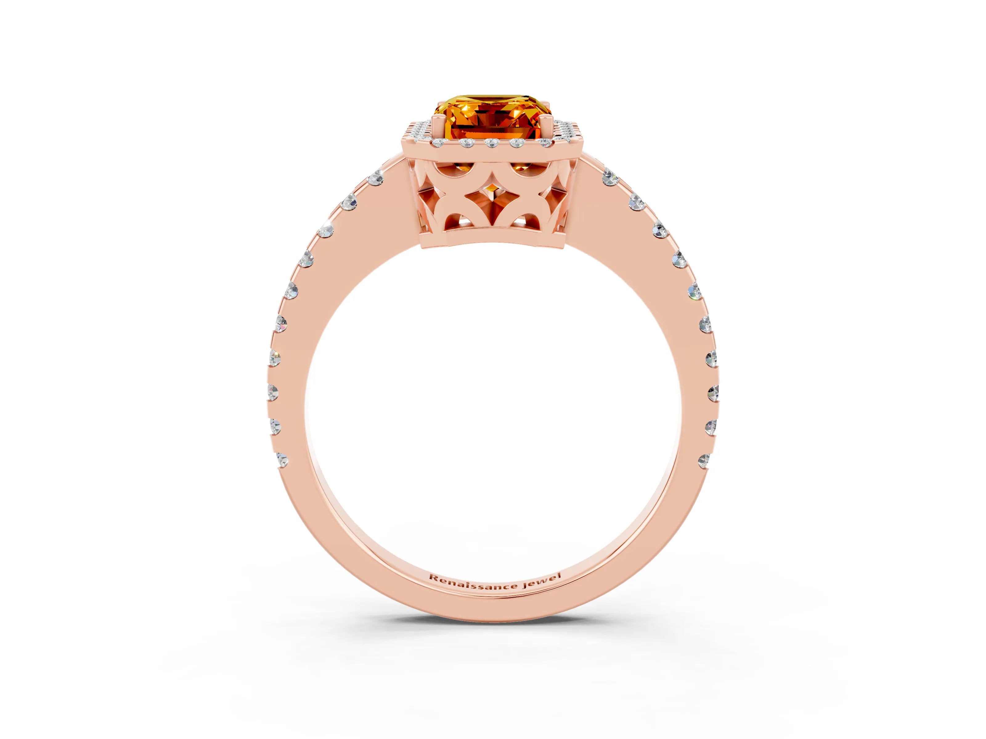 Rose gold Emerald Cut Citrine Halo Engagement Ring with Pavé Band and Prong Setting_15