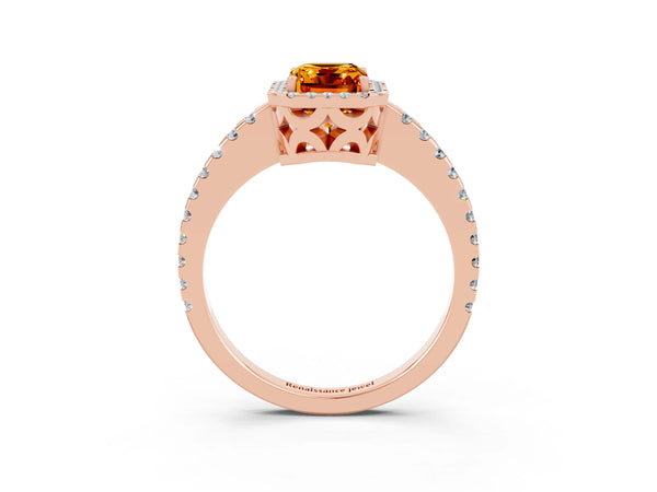 Rose gold Emerald Cut Citrine Halo Engagement Ring with Pavé Band and Prong Setting