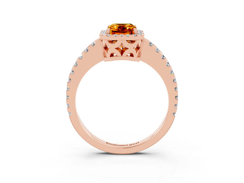 Rose gold Emerald Cut Citrine Halo Engagement Ring with Pavé Band and Prong Setting_15