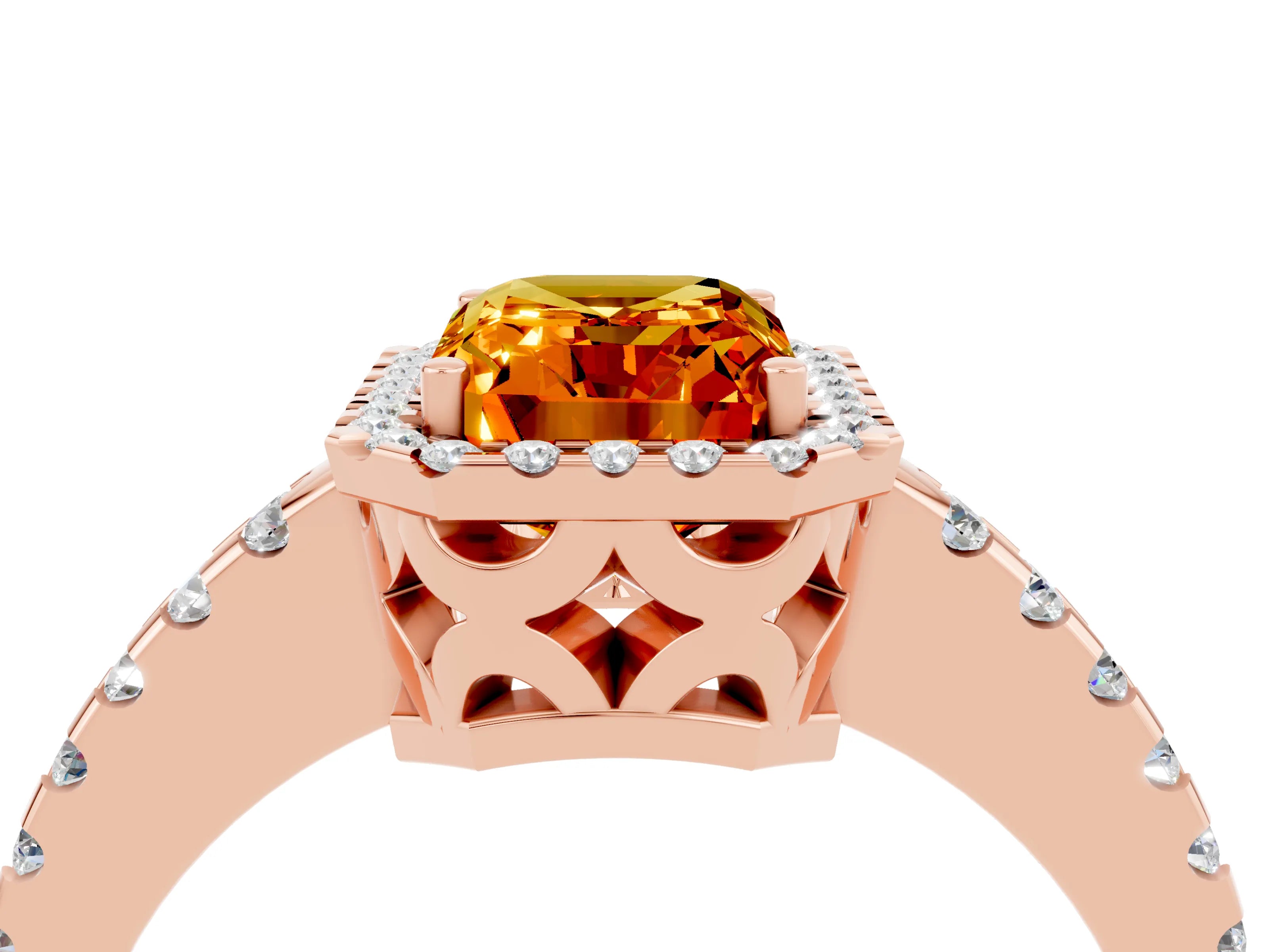 Rose gold Emerald Cut Citrine Halo Engagement Ring with Pavé Band and Prong Setting_16