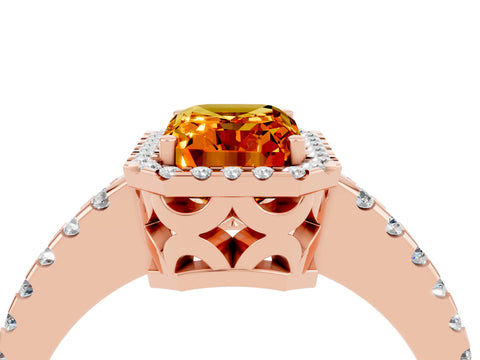 Rose gold Emerald Cut Citrine Halo Engagement Ring with Pavé Band and Prong Setting_16
