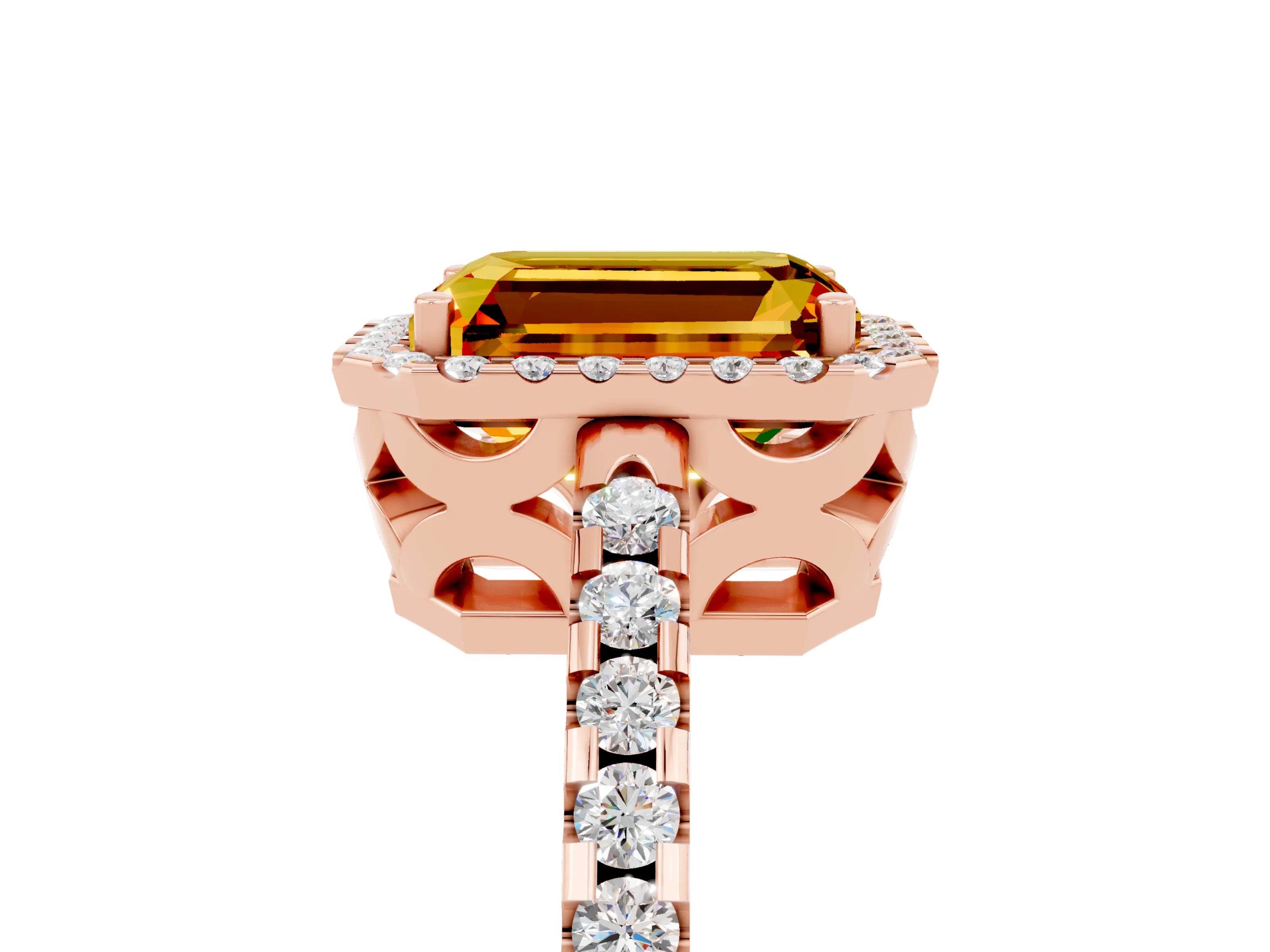 Rose gold Emerald Cut Citrine Halo Engagement Ring with Pavé Band and Prong Setting_17