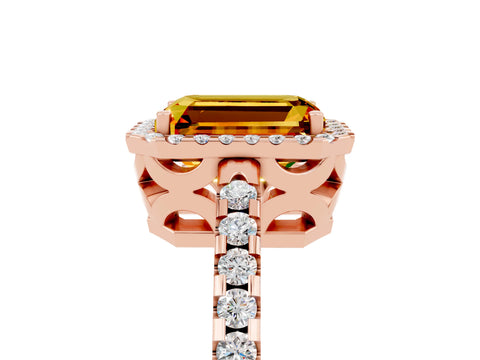 Rose gold Emerald Cut Citrine Halo Engagement Ring with Pavé Band and Prong Setting_17