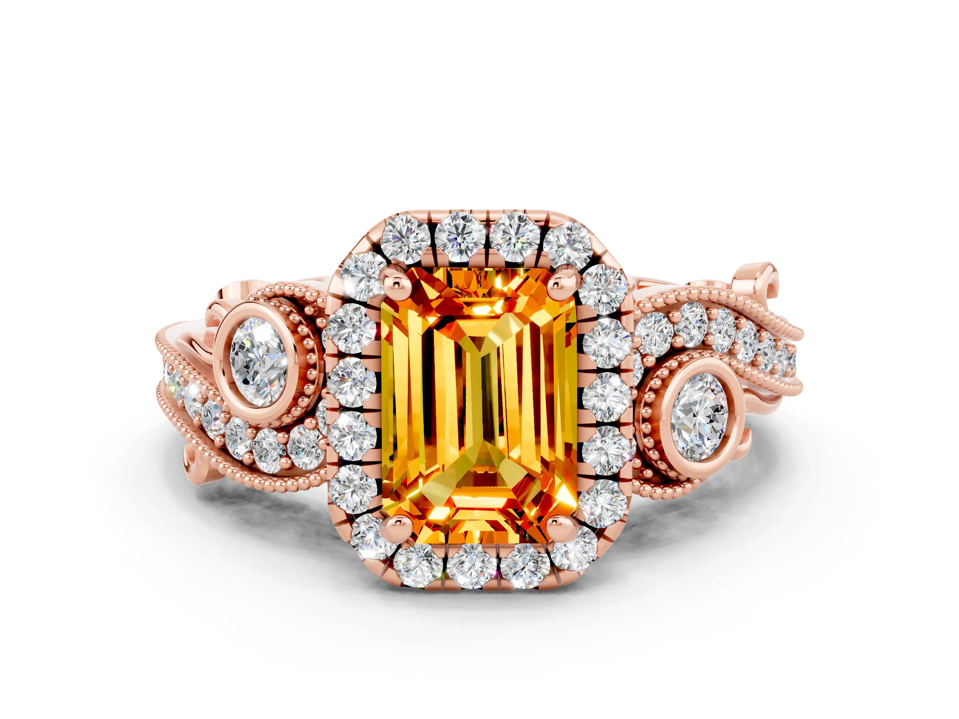 Rose gold Emerald Cut Citrine Halo Ring with Milgrain Pavé Band and Four-Prong Setting_12