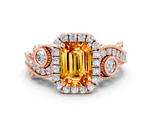 Rose gold Emerald Cut Citrine Halo Ring with Milgrain Pavé Band and Four-Prong Setting