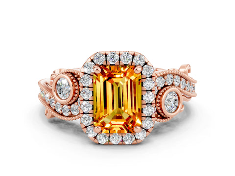 Rose gold Emerald Cut Citrine Halo Ring with Milgrain Pavé Band and Four-Prong Setting_12