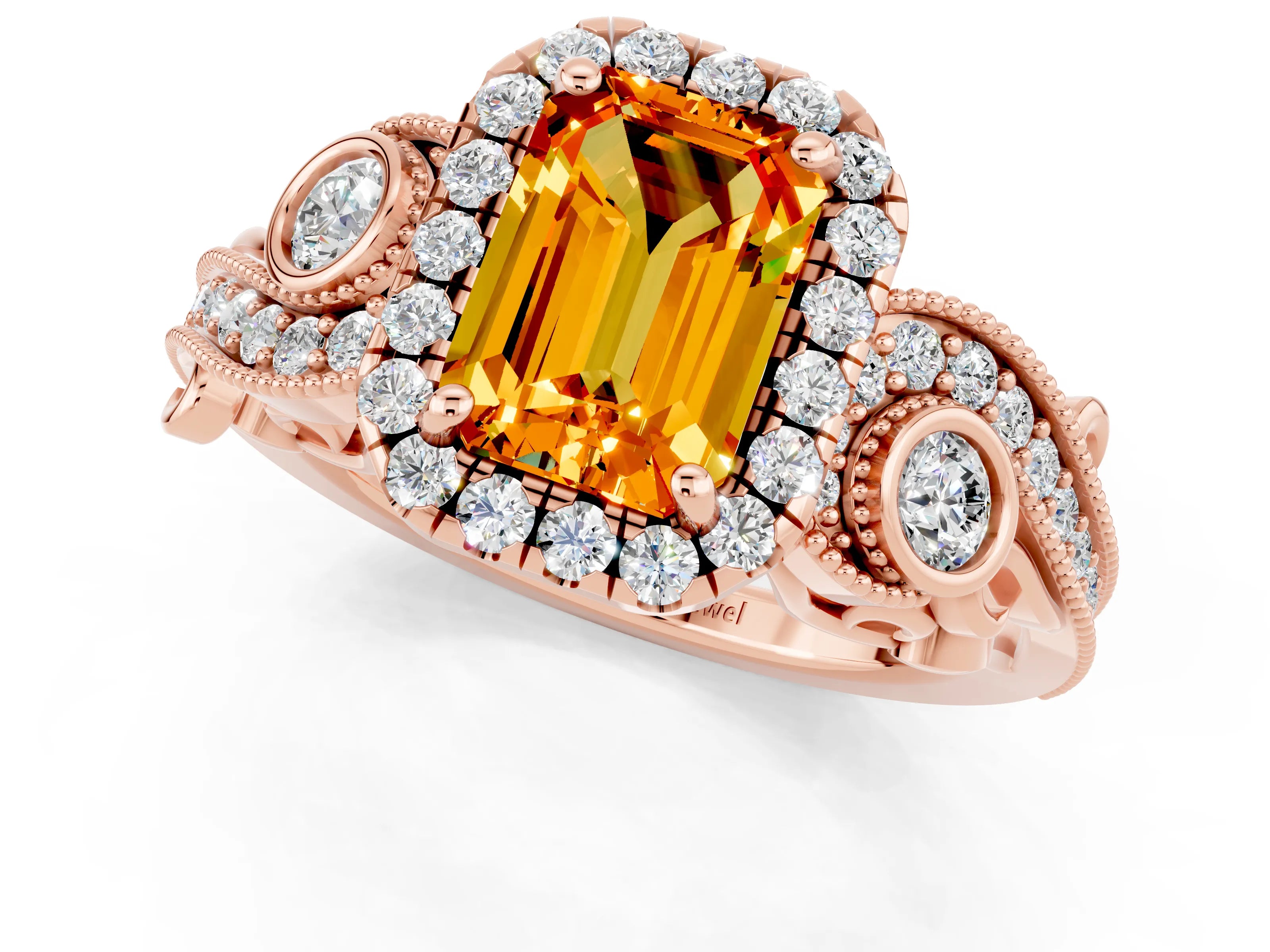 Rose gold Emerald Cut Citrine Halo Ring with Milgrain Pavé Band and Four-Prong Setting_13