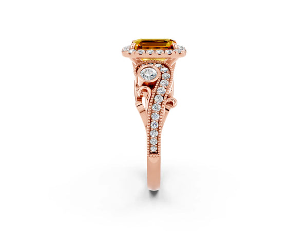 Rose gold Emerald Cut Citrine Halo Ring with Milgrain Pavé Band and Four-Prong Setting