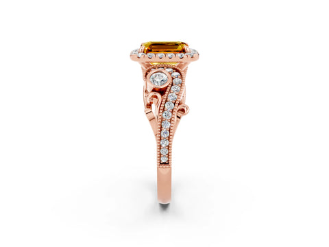 Rose gold Emerald Cut Citrine Halo Ring with Milgrain Pavé Band and Four-Prong Setting_14